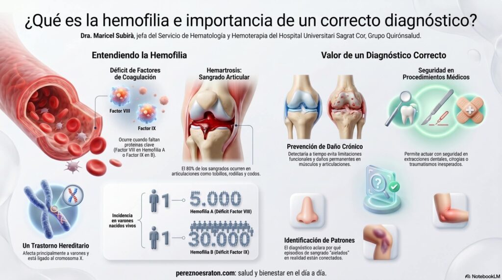 La hemofilia es una de las enfermedades más conocidas, aunque no la única, y puede pasar desapercibida durante años, sobre todo en sus formas más leves.